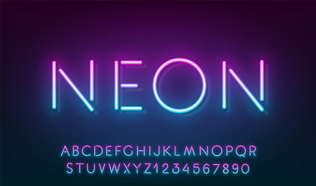 Pink Blue Gradient Neon Reflection font on dark background. Light glow letter and numbers for text sign.のイラスト素材