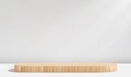 White room studio with wood podium. Wooden platform on light table for product presentation.のイラスト素材
