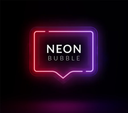 Neon gradient speech bubble glowing in dark room with reflective floor, bright chat frame with red and blue light effects for modern digital communication design.のイラスト素材