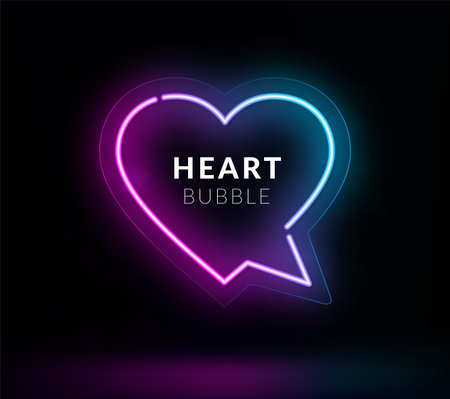 Neon heart shaped speech bubble with gradient borders floating in black space, illuminated chat icon with vibrant pink blue light creating futuristic message frame effect.のイラスト素材