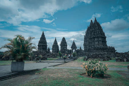 Yogyakarta Indonesia June 3 2020 : Prambanan temple is a Hindu temple compound included in world heritage list in the night. Monumental ancient architecture, carved stone walls.のeditorial素材