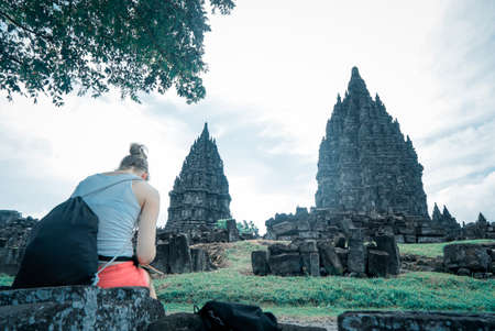 Yogyakarta Indonesia June 3 2020 : Prambanan temple is a Hindu temple compound included in world heritage list in the night. Monumental ancient architecture, carved stone walls.のeditorial素材