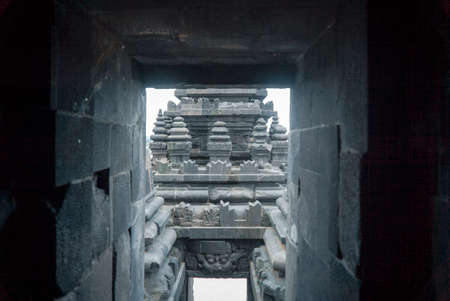 Yogyakarta Indonesia June 2 2020 : Prambanan temple is a Hindu temple compound included in world heritage list in the night. Monumental ancient architecture, carved stone walls.のeditorial素材