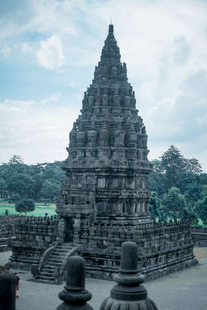 Yogyakarta Indonesia June 2 2020 : Prambanan temple is a Hindu temple compound included in world heritage list in the night. Monumental ancient architecture, carved stone walls.のeditorial素材