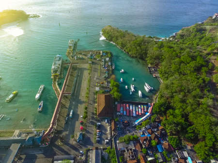 Bali Indonesia June 23 2020 : Ferry Ship in Harbor in the morning