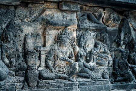 Yogyakarta Indonesia June 20 2020 : Prambanan temple is a Hindu temple compound included in world heritage list in the night. Monumental ancient architecture, carved stone walls.のeditorial素材