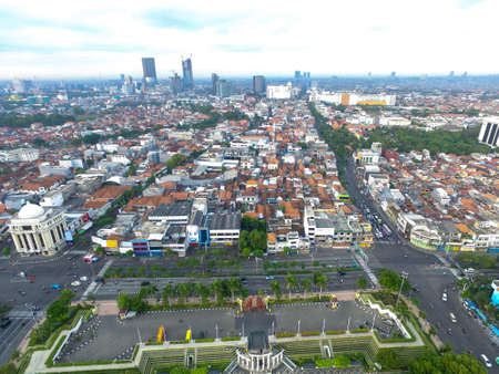 Surabaya Indonesia June 16 2020 : Aerial landmark Surabaya City, Tugu pahlawan - pasar turi - old...