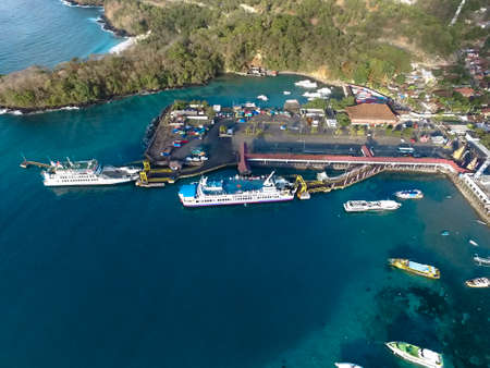 Bali Indonesia June 20 2020 : Ferry Ship in Harbor in the morning