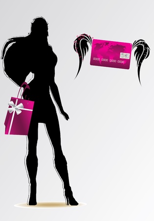 girl silhouette with pink credit card and bagのイラスト素材