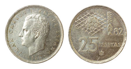 retro coin of spain isolated on white backgroundの写真素材