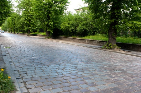 old pavement street in the modern cityの写真素材