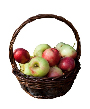 basket of fresh red and green apples isolated on white backgroundの写真素材