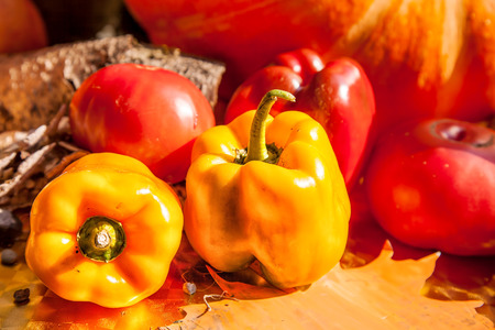 yellow pepper and red tomatoes on the table outdoor closeupの写真素材