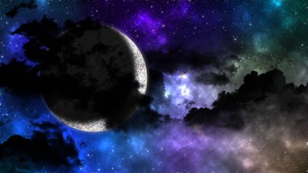 bright moon behind the dark cloud on colored sky with stars in night