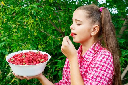 beautiful teen girl holding a bowl of raspberries in the garden closeup on summer dayの写真素材