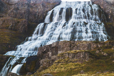 Wild dramatic waterfall in Westfjordsの写真素材