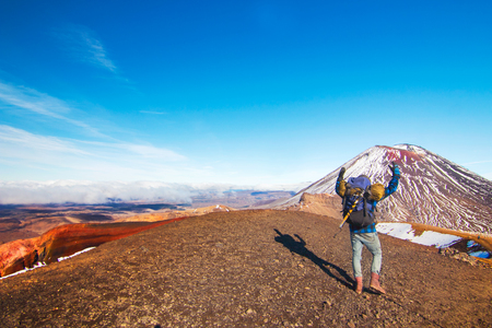 The back view of man- happy traveler and tramper in wild mountains of volcanic landscape, climber reached high spot with view of Mount Ngauruhoe, Red Crater and Mt Tongariro, Tongariro National Parkの写真素材