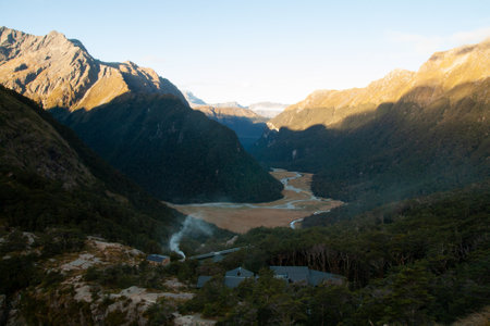 Routeburn Flats Hut and mountain valley at Routeburn Track,  New Zealandの写真素材