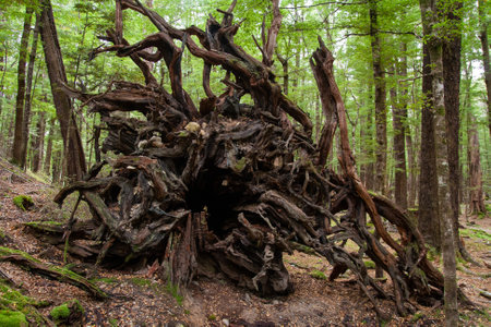 Unique shapes of uprooted tree roots felled down after strong wind, Sylvan lake walk near campsite, New Zealand forestの写真素材