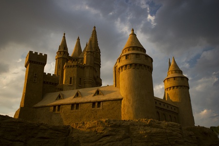 sand castle horizontal on cloudy sky backgroundの写真素材