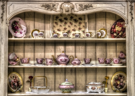 vintage tea cup set print for sale Shabby chic is a form of interior design where furniture and furnishings are either chosen for their appearance of age and signs of wear and tear or where new items are distressed to achieve the appearance of an antique の写真素材