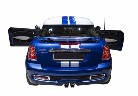 Small blue sport car isolated on white backgroundの写真素材