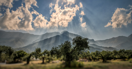 Sun rays over the mountain, pnoramic viewの写真素材
