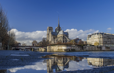 Paris, Notre Dame cathedral areal view with water reflectionのeditorial素材