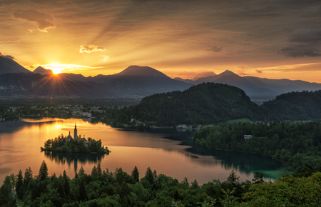 Bled with lake, island and mountains in background, Slovenia, Europeの写真素材