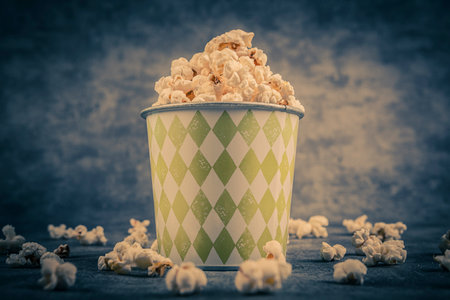 Popcorn in a paper cup on a blue background. Toned.の写真素材
