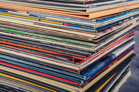Stack of old vinyl records close-up. selective focus.の写真素材