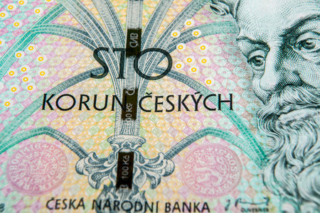 Close-up of banknotes of the Czech National Bank. Currency in the Czech Republic.の写真素材