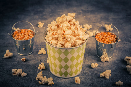 Popcorn in a cup on a dark background. Selective focus. Toned.の写真素材