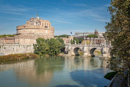View of Castel Sant Angelo and Tiber river in Rome, Italyの写真素材