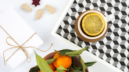 Simple minimalistic flat lay christmas scene with tea