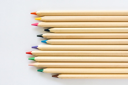 Colorful wooden pencils isolated on white backgroundの写真素材