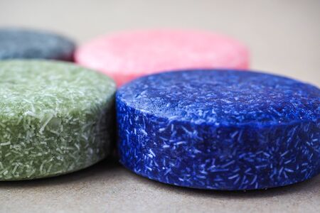 Colorful round solid shampoo bars, zero waste, dry shampooの写真素材