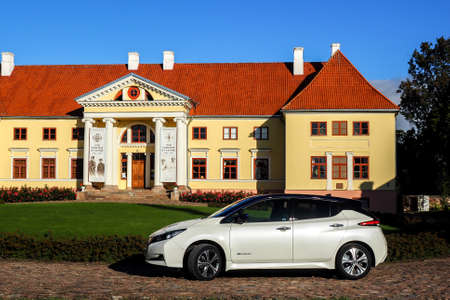 Tukums/Latvia - September 17, 2020: New Nissan Leaf in the countryside, selective focusのeditorial素材