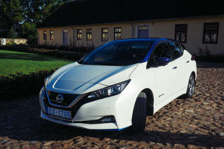 Tukums/Latvia - September 17, 2020: New Nissan Leaf in the countryside, selective focusのeditorial素材
