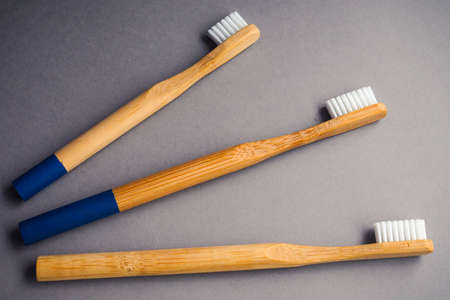 Three bamboo wood toothbrushesの写真素材