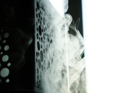 Vapor from humidifier in the morning light. Steam from the air humidifier. Air humidity level in a home. Selective focus. High quality photoの写真素材