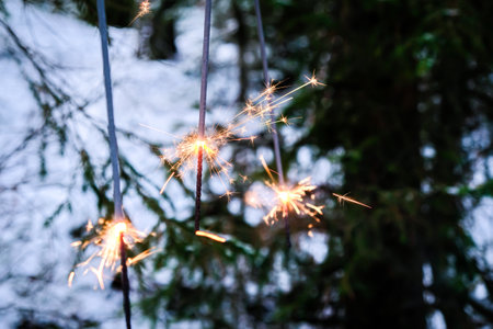 Bengal fire burns outdoors on a Christmas tree. Bengal lights in the forest. Selective focusの写真素材