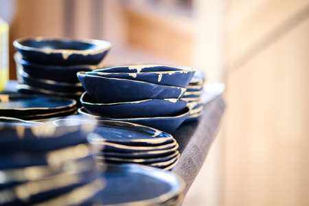 Minimalistic and futuristic high-end ceramics pottery artists workshop. Selective focusの写真素材