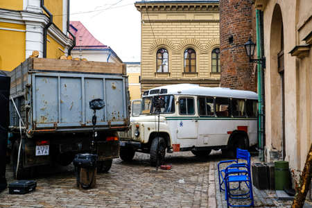 Riga, Latvia: February 28, 2021: Making of latvian directors Viesturs Kairiss movie January, which tells about the events of 1991 in Latvia and so called Barricades. Selective focusのeditorial素材