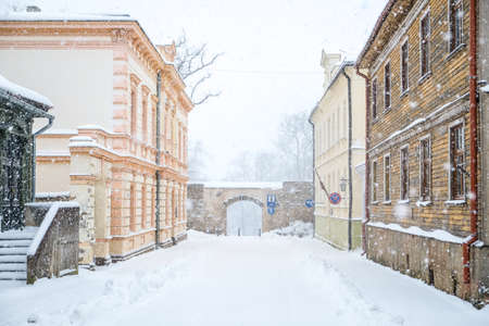 Snowy street in the historical center of Cesis, Latvia. Selective focusの写真素材