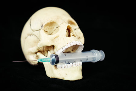 Death from the vaccine concept - human skull model and syringe.の写真素材