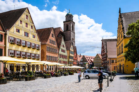 Dinkelsbuhl, Germany - July 2, 2021: Oldtown of Dinkelsbuhl, Bavaria, Germany