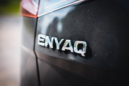 Madona, Latvia - July 20, 2021: New Skoda Enyaq IV, a SUV electric car. Defocusedのeditorial素材