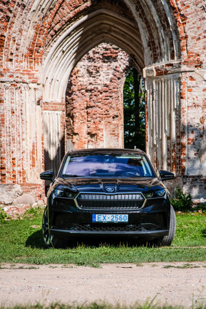 Madona, Latvia - July 20, 2021: New Skoda Enyaq IV, a SUV electric car. Defocusedのeditorial素材