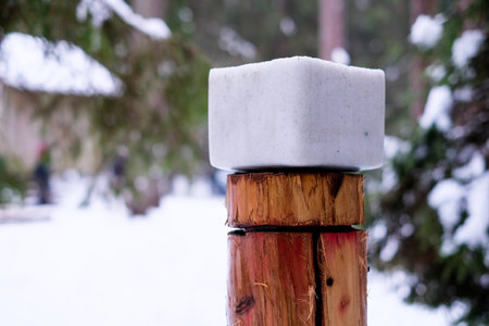 Rock salt cube for wild animals in the forest in winter.の写真素材